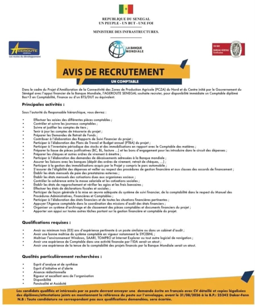 AGEROUTE SÉNÉGAL recrute un Comptable (Projet PCZA / Banque Mondiale)