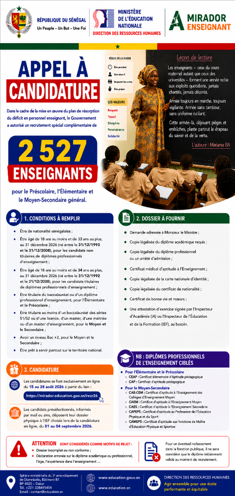 Concours de Recrutement Spécial de 2 527 Enseignants (Préscolaire, Élémentaire, Moyen-Secondaire)