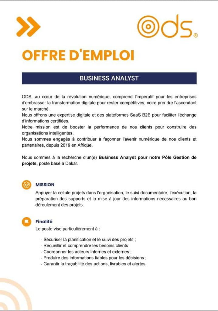 ODS recrute un(e) Business Analyst (Pôle Gestion de Projets)